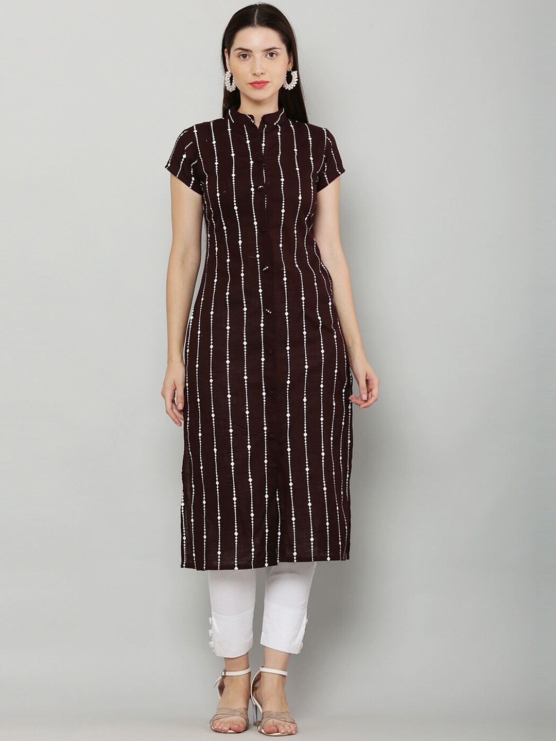 

Waahiba Striped Printed Mandarin Collar Straight Cotton Kurta, Brown