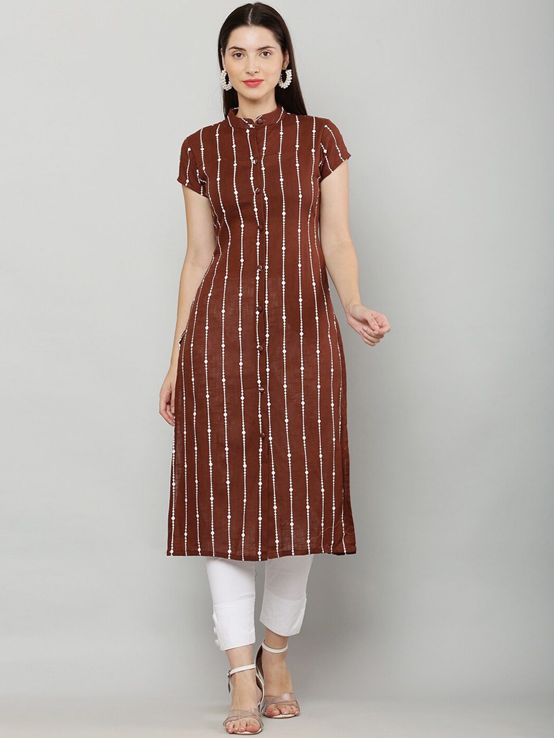 

Waahiba Striped Printed Mandarin Collar Regular Straight Cotton Kurta, Brown