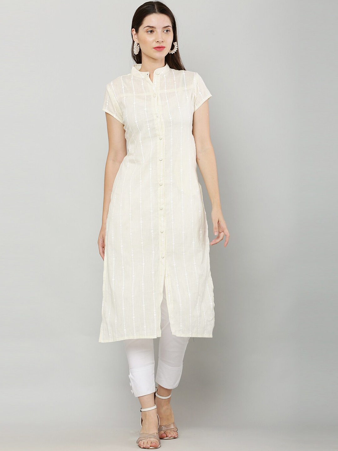 

Waahiba Striped Printed Mandarin Collar Regular Cotton Kurta, Cream