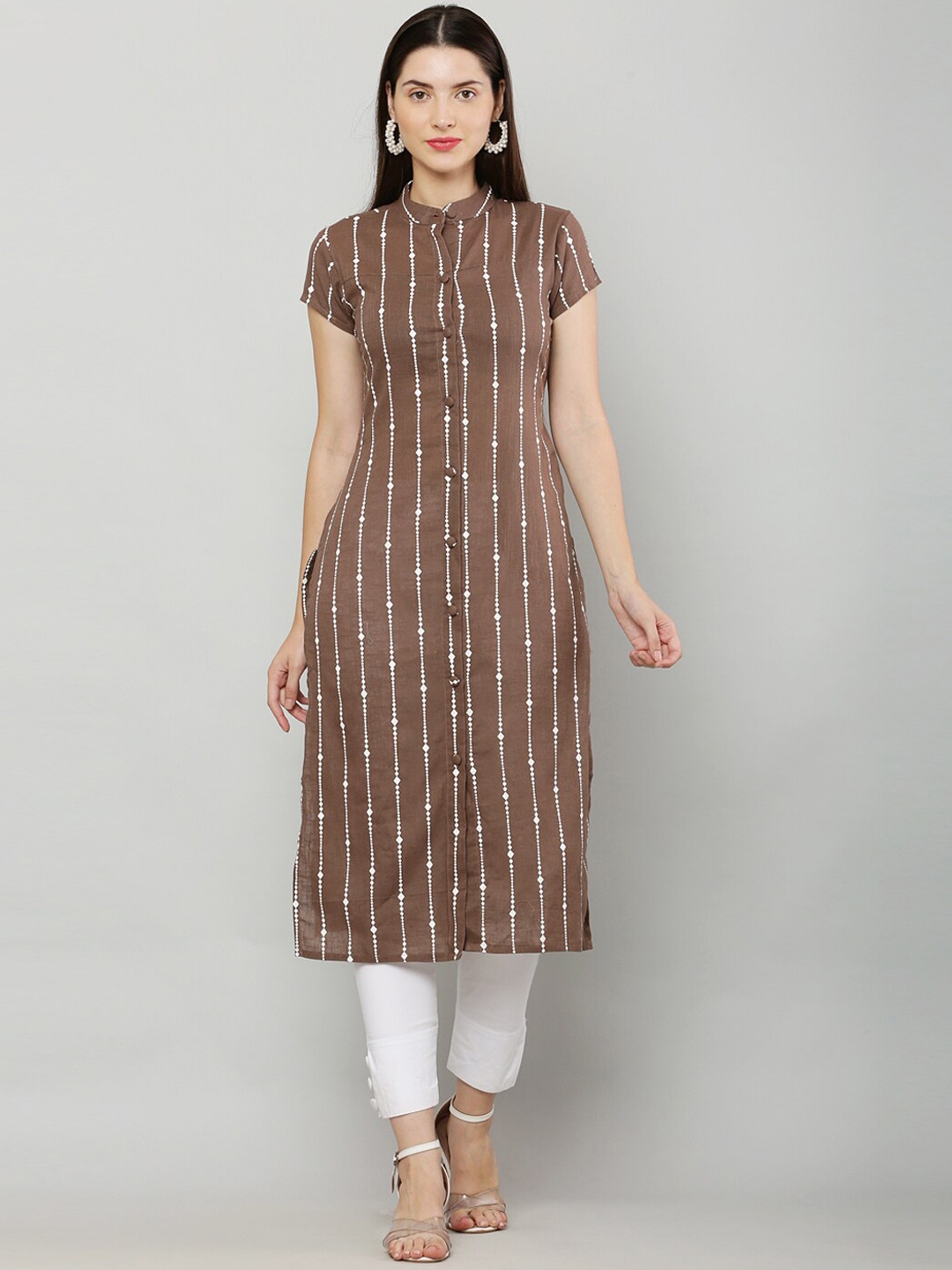 

Waahiba Striped Printed Mandarin Collar Straight Cotton Kurta, Bronze