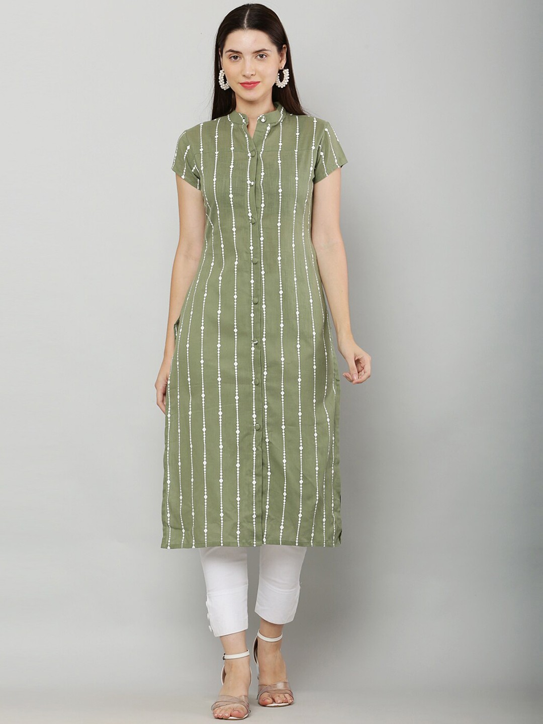 

Waahiba Striped Straight Band Collar Regular Kurta, Olive