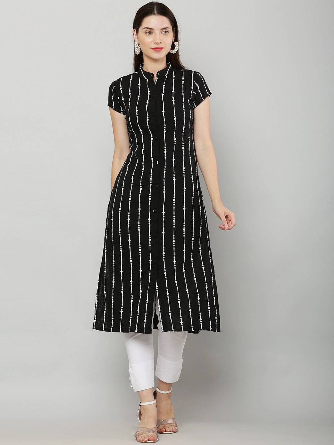 

Waahiba Striped Band Collar Straight Regular Kurta, Black