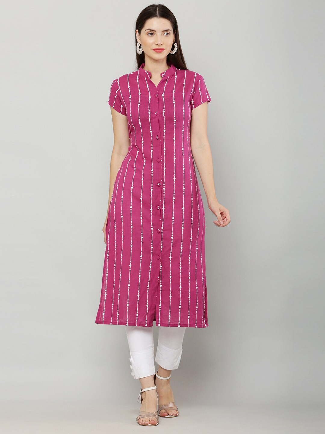 

Waahiba Striped Straight Band Collar Regular Cotton Kurta, Pink