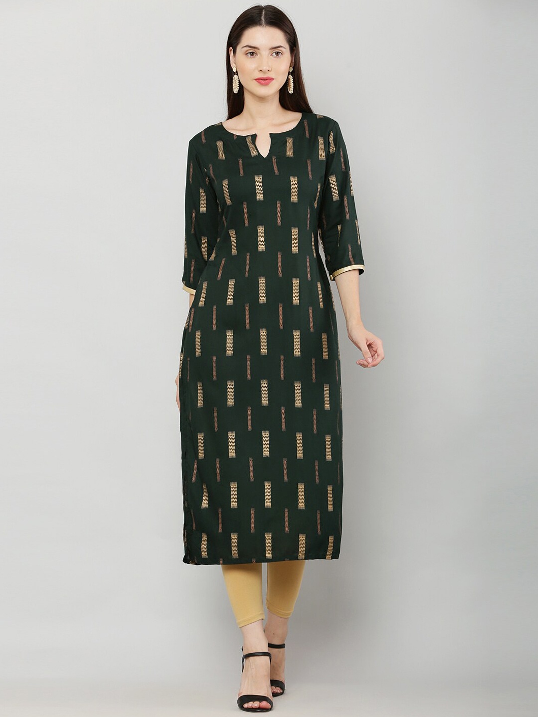 

Waahiba Women Green & Gold-Toned Printed Keyhole Neck Straight Kurta