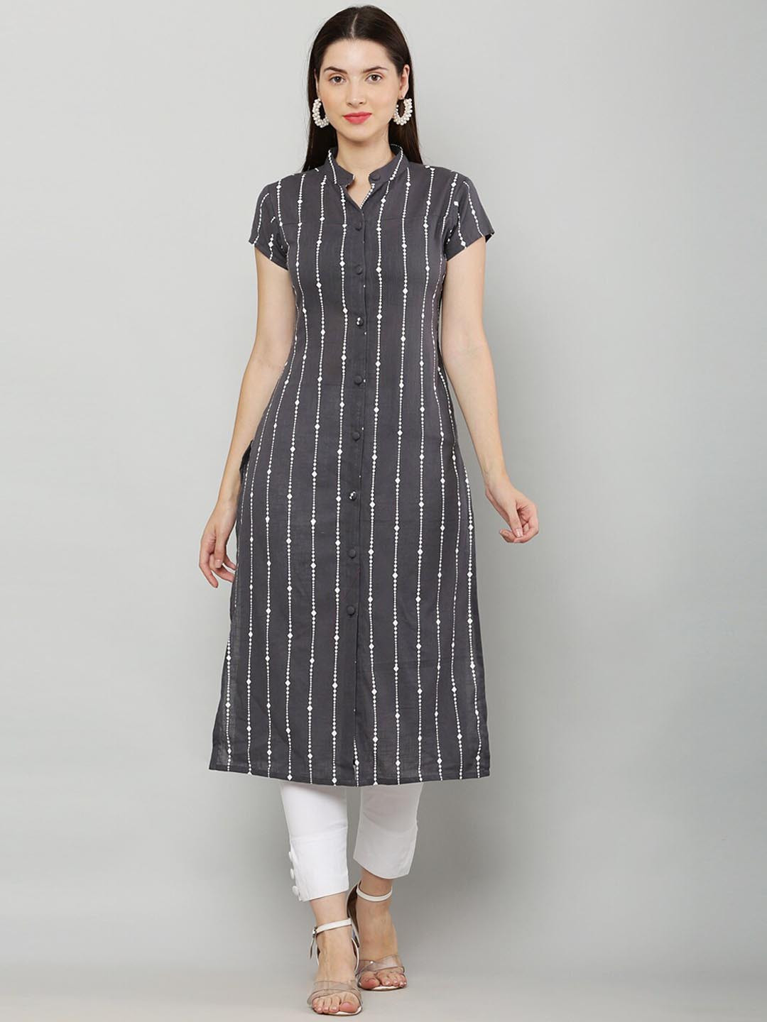 

Waahiba Striped Band Collar Straight Cotton Kurta, Grey