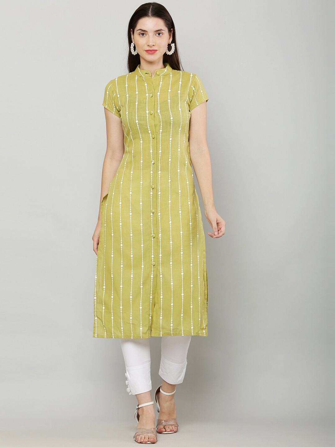 

Waahiba Striped Straight Band Collar Regular Kurta, Lime green