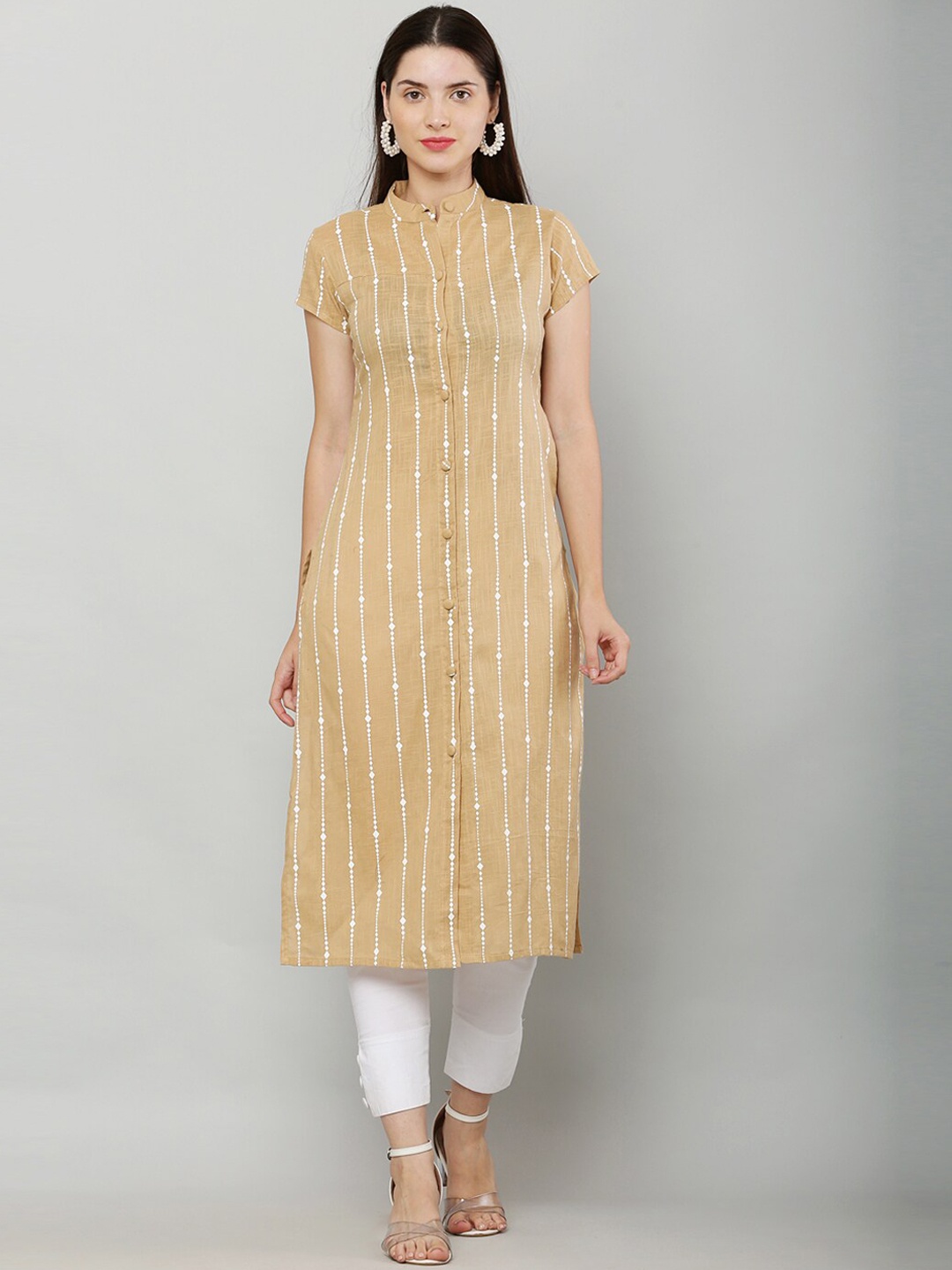 

Waahiba Striped Straight Band Collar Regular Kurta, Beige