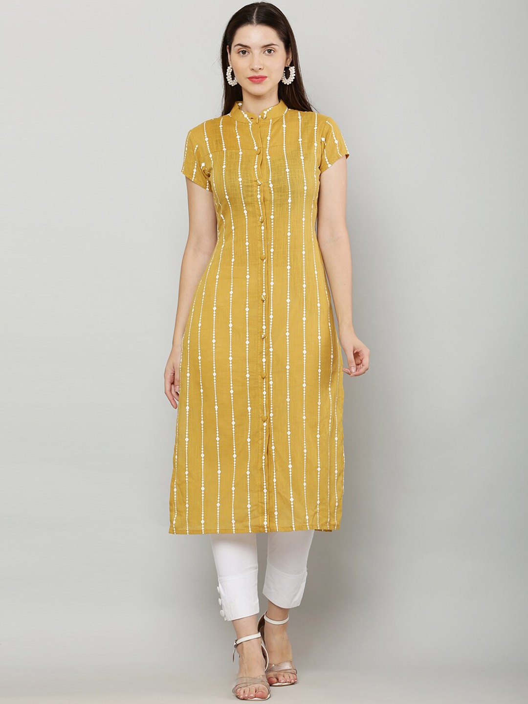 

Waahiba Striped Straight Band Collar Kurta, Mustard