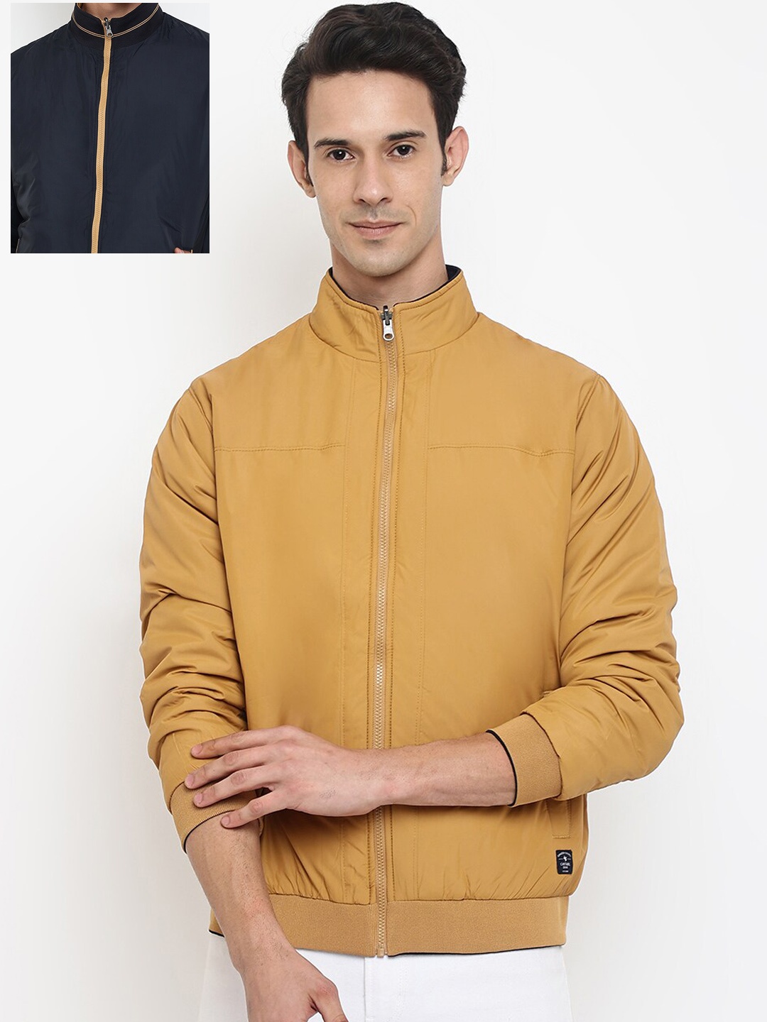 

Cantabil Men Mustard Yellow & Navy Blue Reversible Bomber Jacket