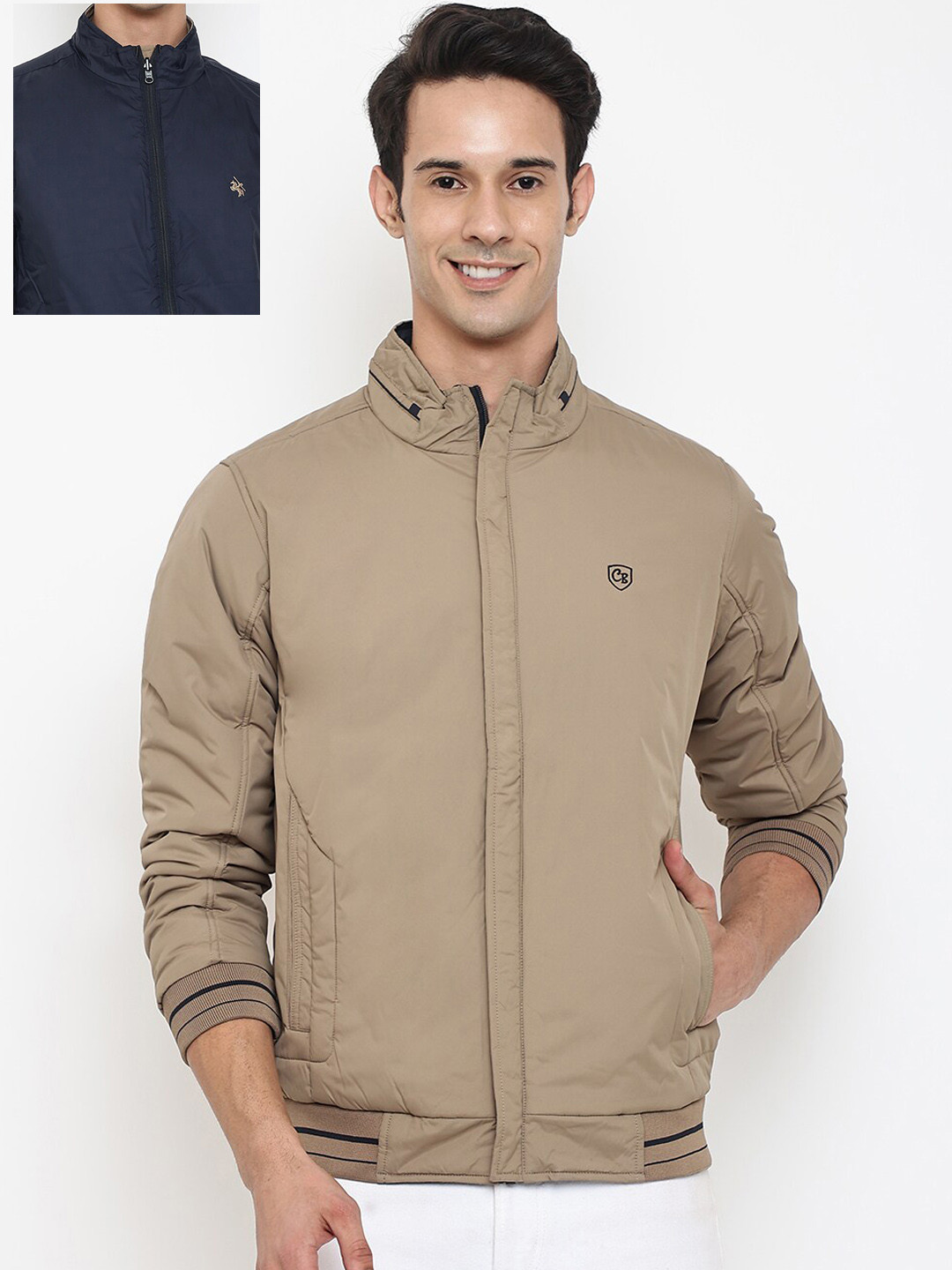 

Cantabil Men Beige & Navy Blue Reversible Bomber Jacket