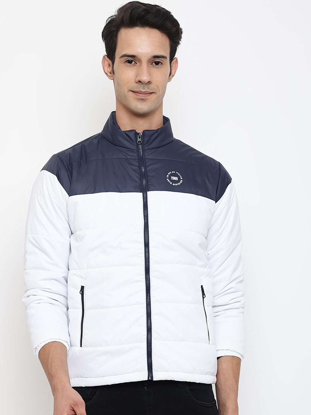 

Cantabil Men White & Navy Blue Colourblocked Sporty Jacket