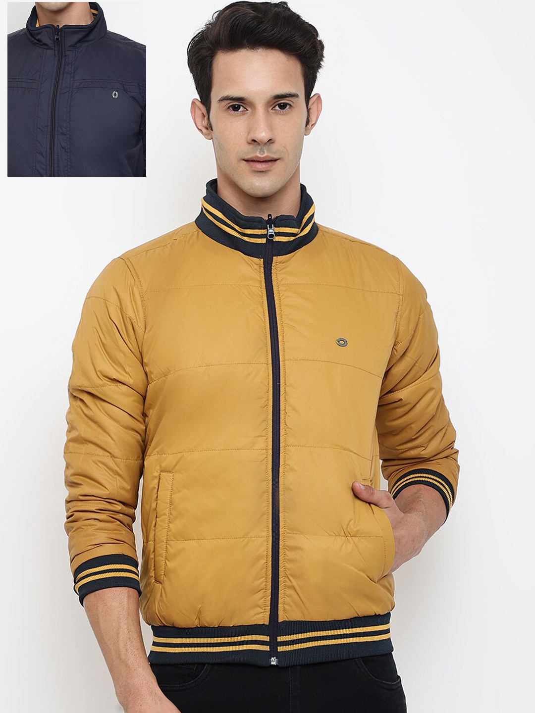 

Cantabil Men Navy Blue & Mustard Yellow Reversible Bomber Jacket