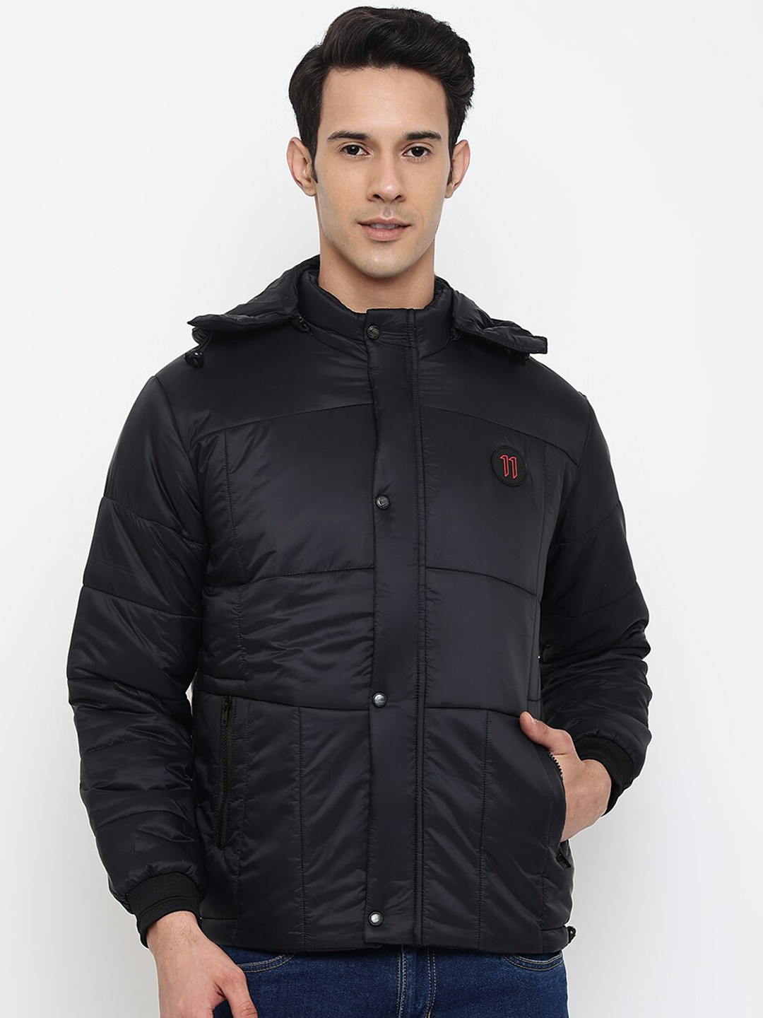 

Cantabil Men Black Hooded Puffer Jacket