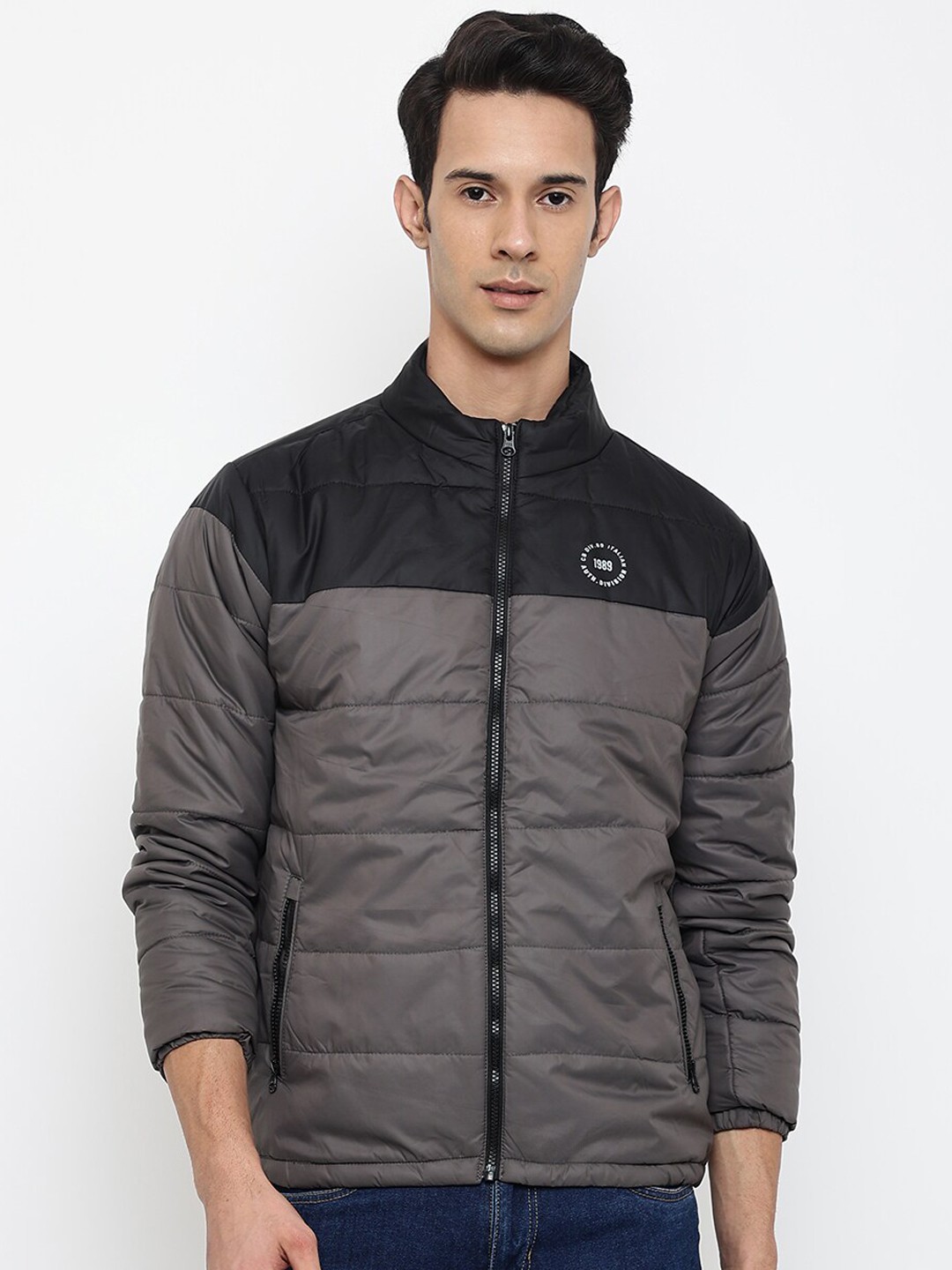 

Cantabil Men Grey & Black Colourblocked Padded Jacket