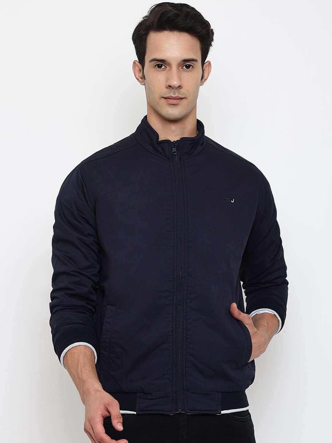 

Cantabil Men Navy Blue Cotton Reversible Bomber Jacket