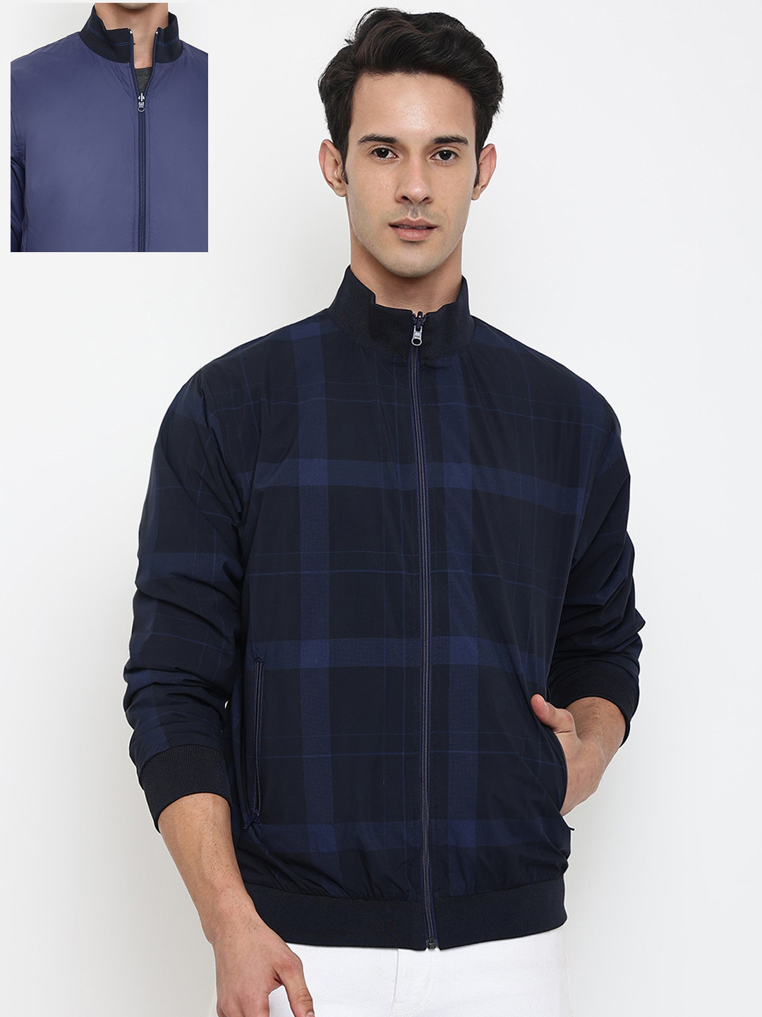 

Cantabil Men Navy Blue Checked Reversible Bomber Jacket