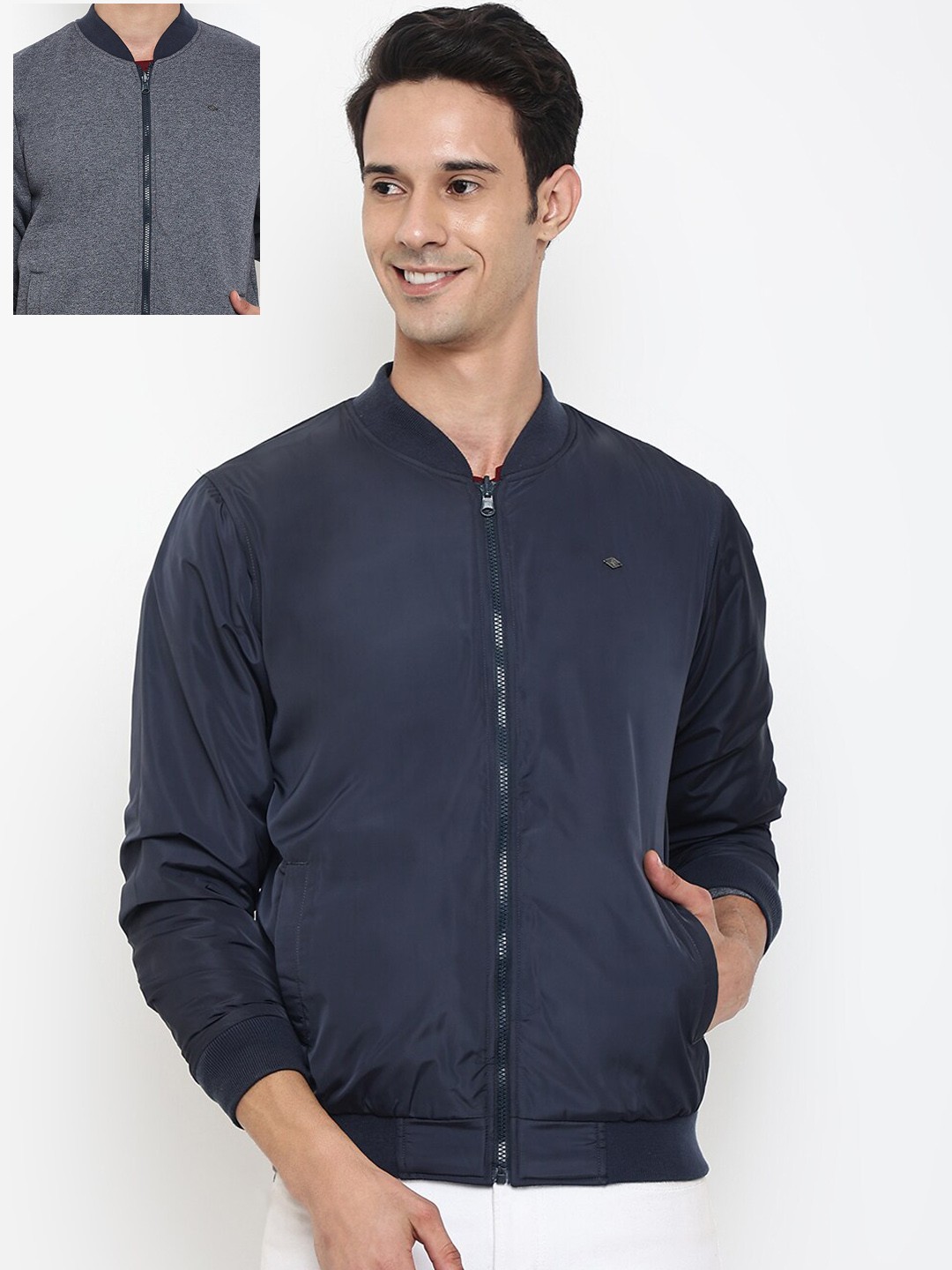 

Cantabil Men Navy Blue & Grey Reversible Bomber Jacket