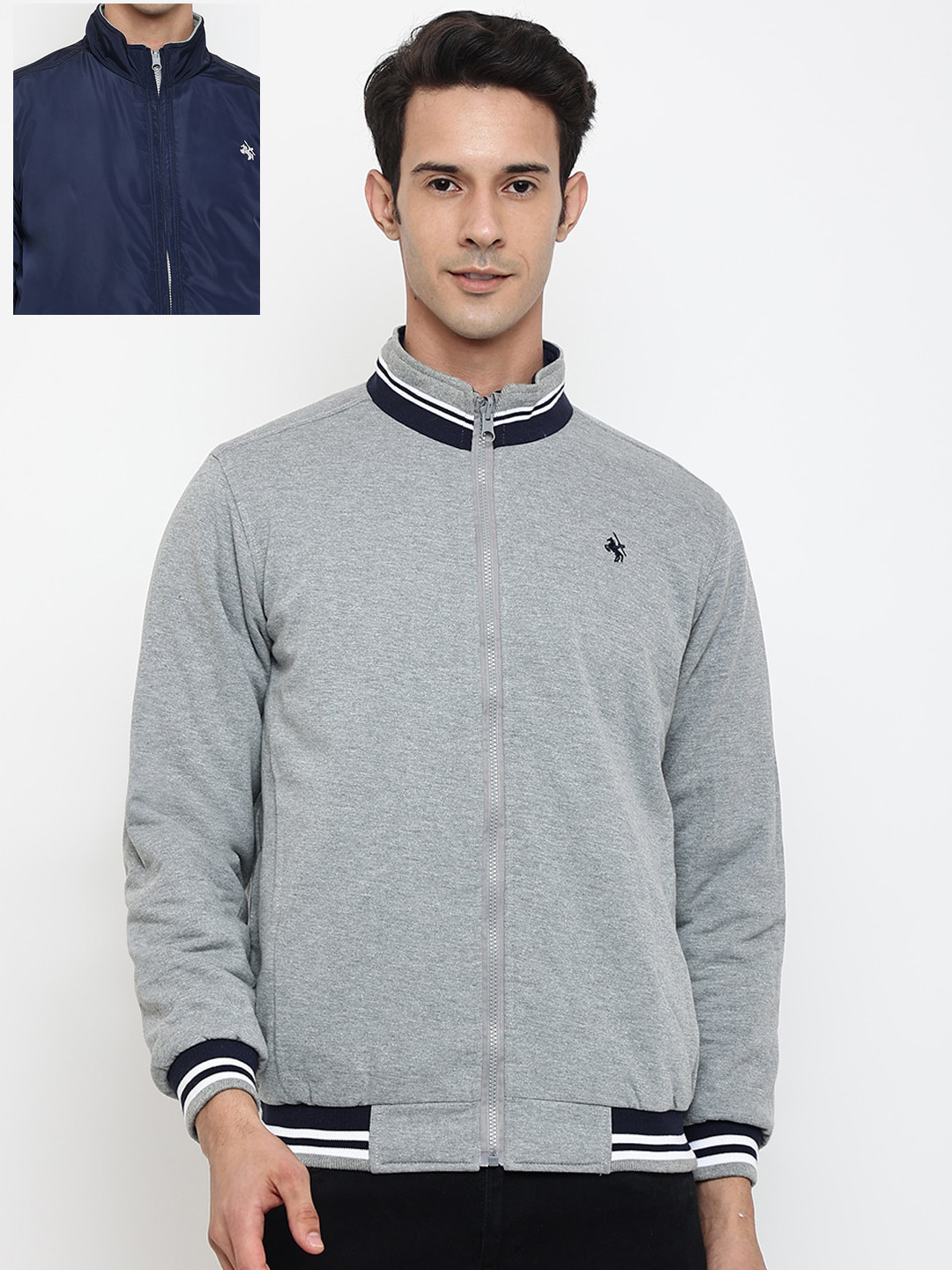 

Cantabil Men Navy Blue & Grey Reversible Bomber Jacket