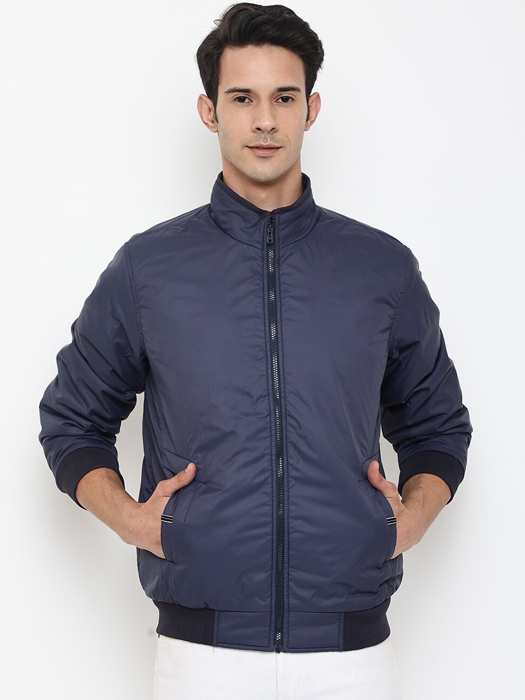 

Cantabil Men Navy Blue Bomber Jacket