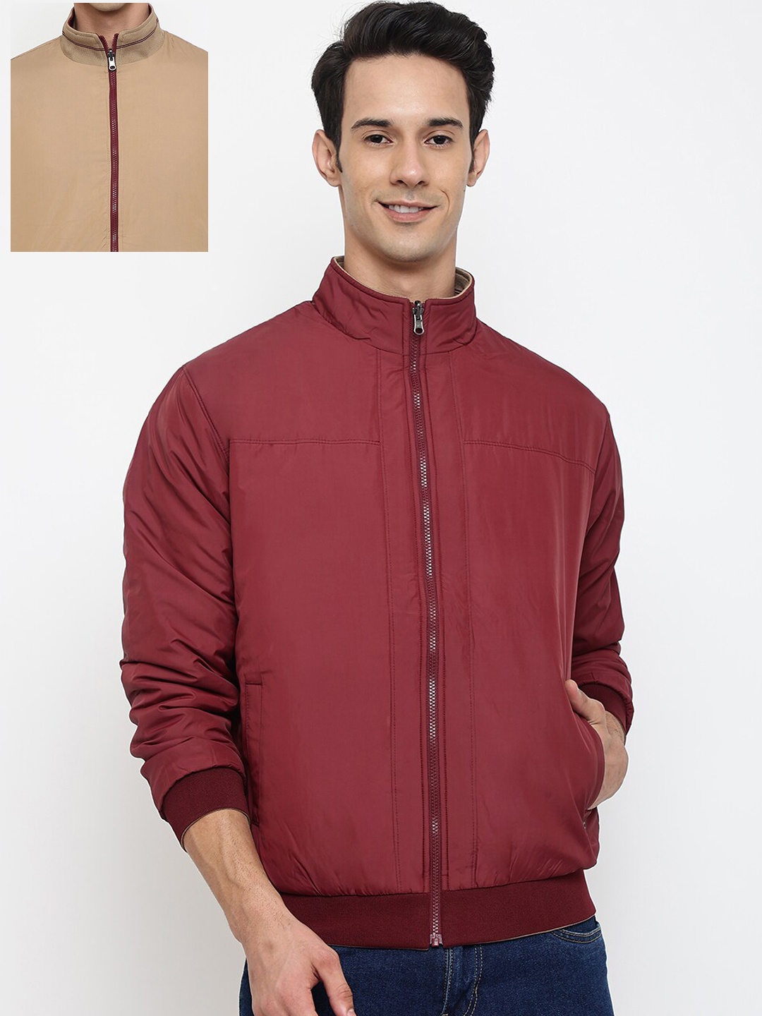 

Cantabil Men Maroon & Beige Reversible Bomber Jacket