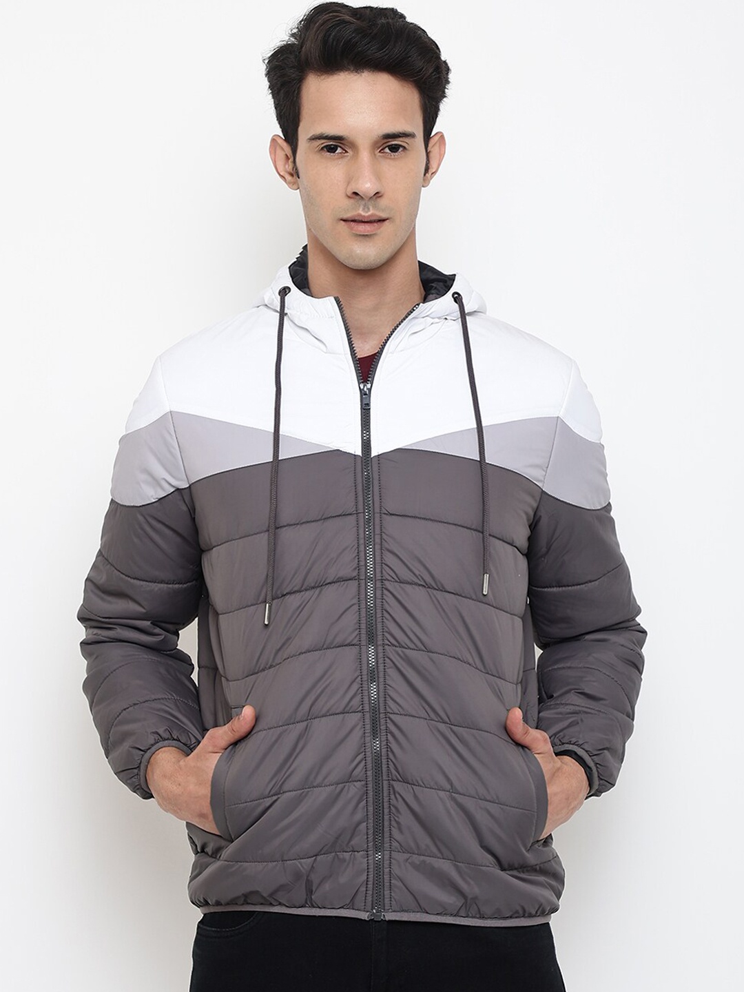 

Cantabil Men Grey & White Colourblocked Puffer Jacket