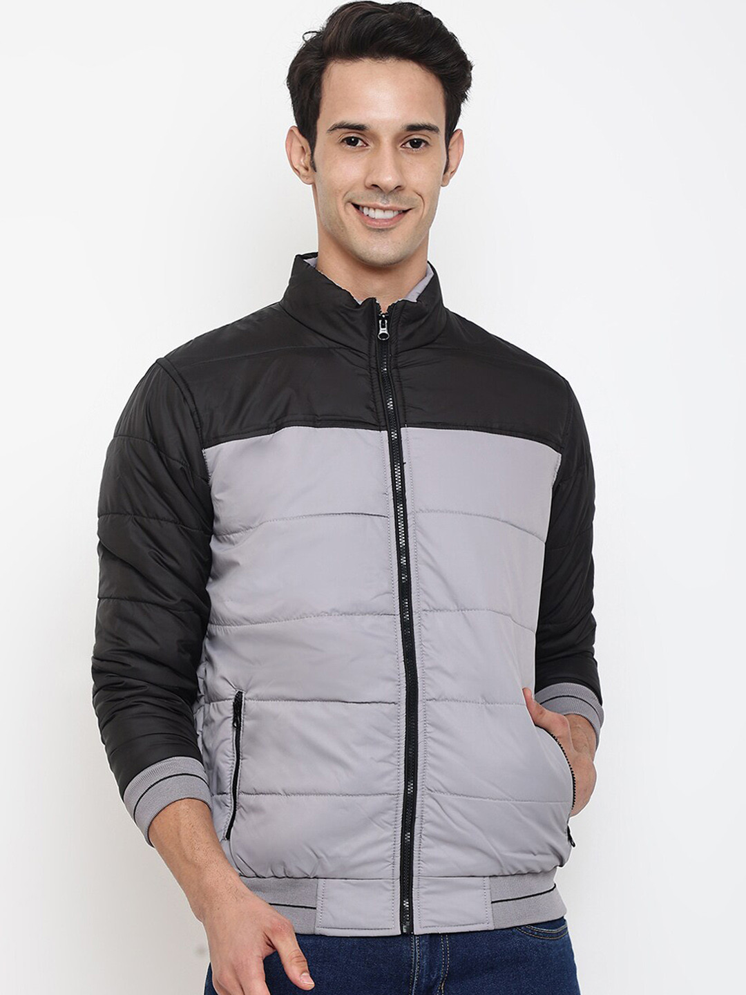 

Cantabil Men Grey & Black Colourblocked Bomber Jacket