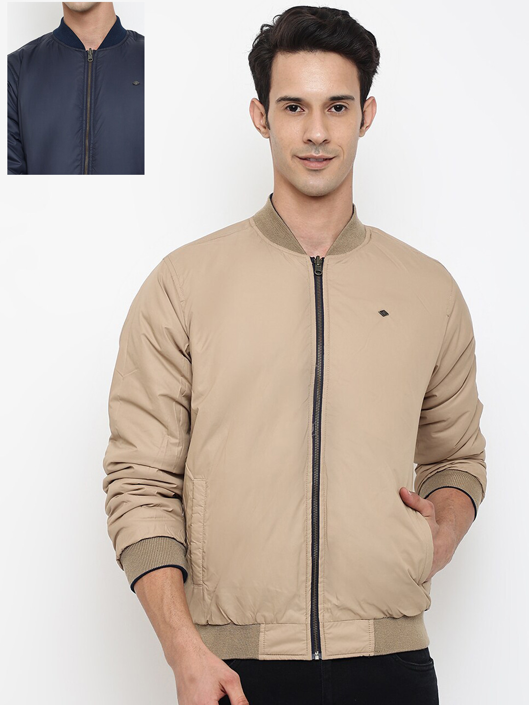 

Cantabil Men Navy Blue &Beige Reversible Bomber Jacket