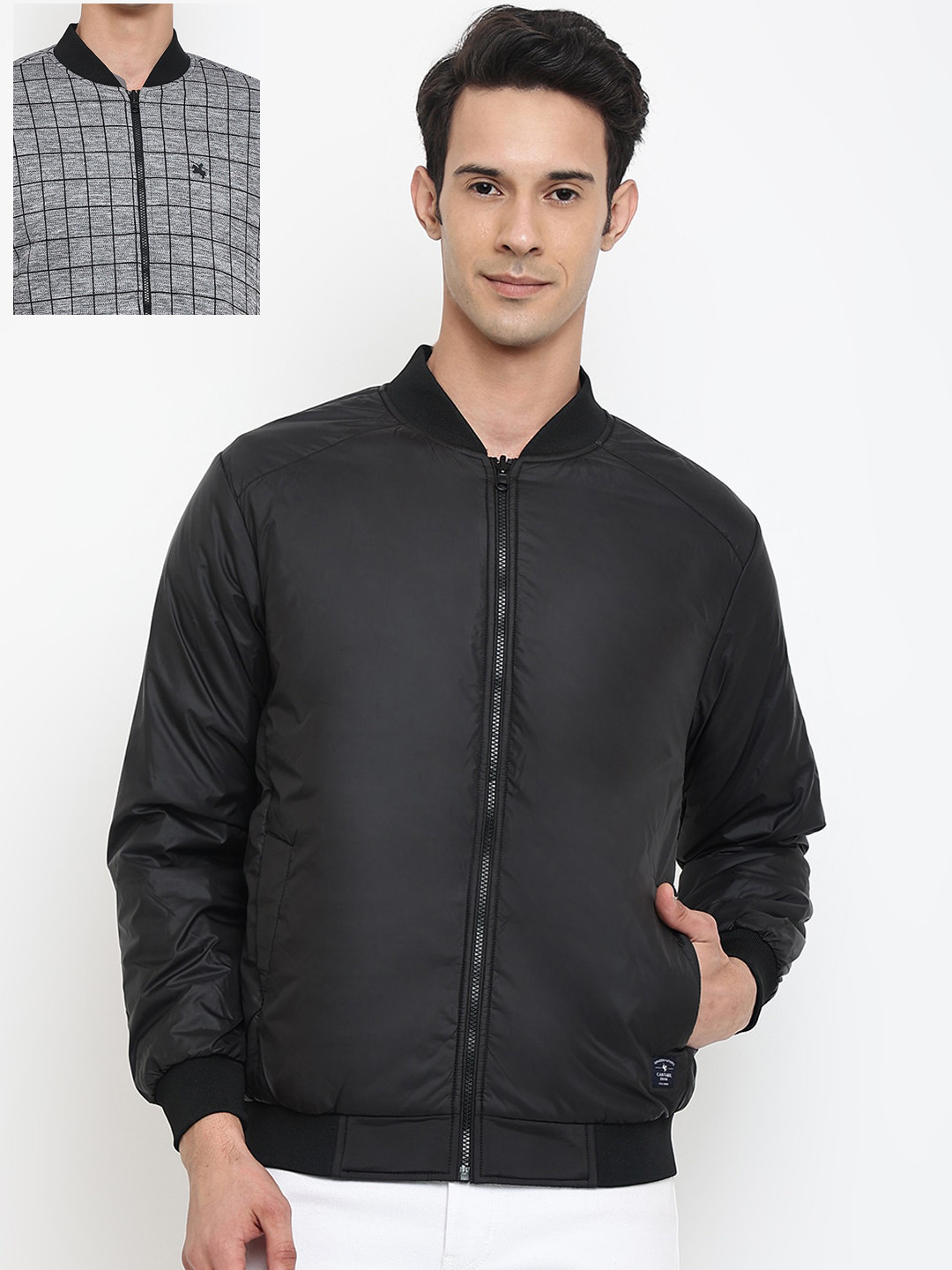 

Cantabil Men Black & Grey Checked Reversible Bomber Jacket