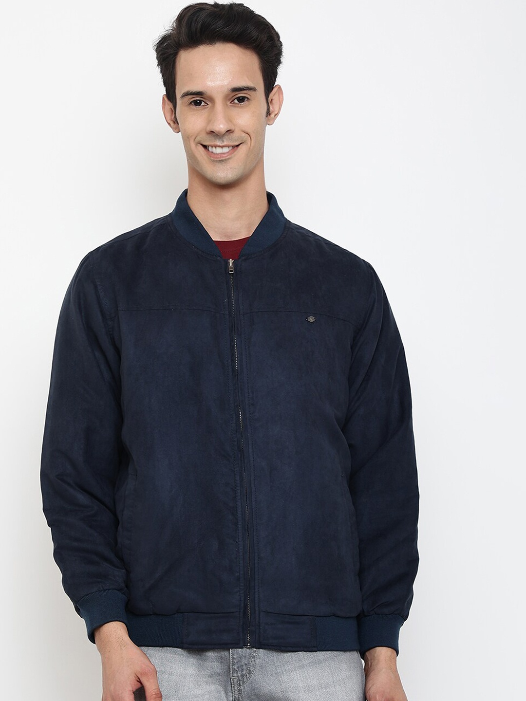 

Cantabil Men Navy Blue Suede Bomber Jacket