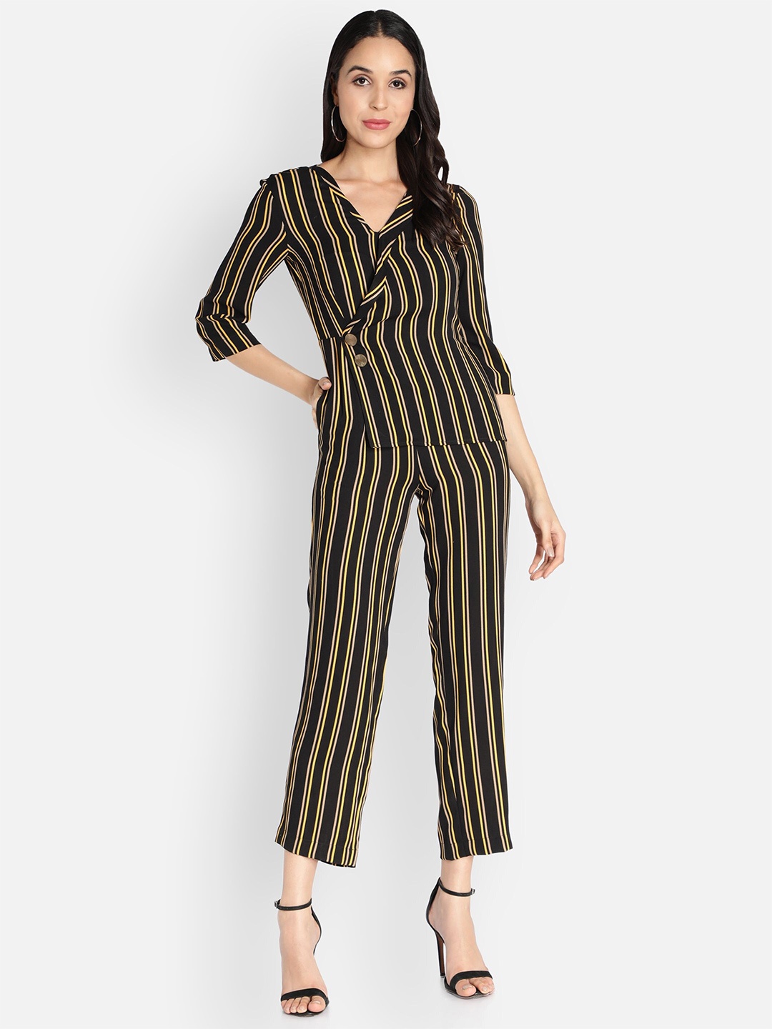 

Sipsew Women Black & Yellow Striped Basic Jumpsuit