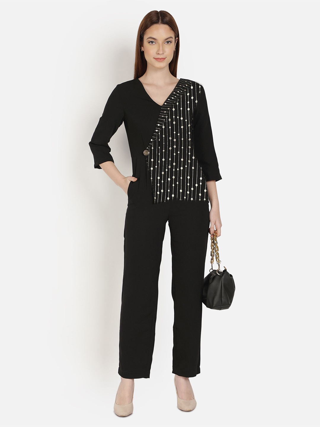 

Sipsew Women Black & Silver-Toned Printed Basic Jumpsuit