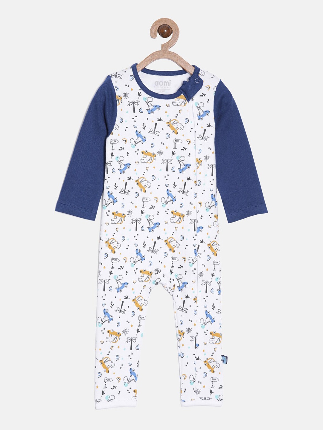 

Aomi Infants Kids White & Blue Dino Printed Cotton Rompers