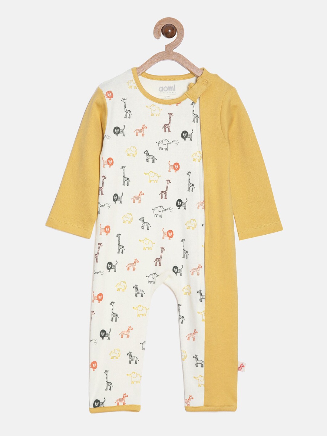 

Aomi Infant Boys Mustard Yellow & White Colorblocked Zoo Printed Soft Cotton Romper