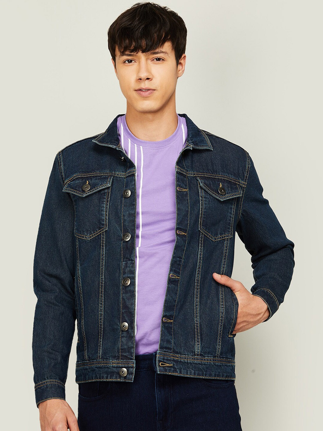 

Forca Men Blue Washed Lightweight Cotton Denim Jacket with Patchwork