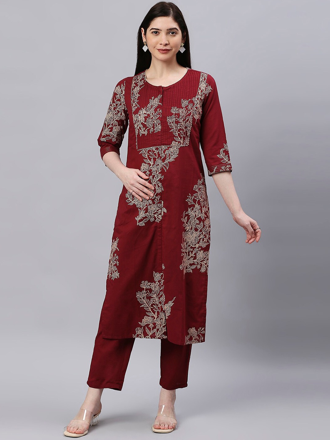 

Aanyor Women Maroon Floral Printed Pleated Pure Cotton Kurta with Trousers