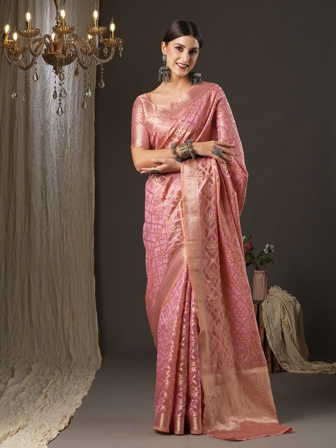 

Mitera Pink & Gold-Toned Ethnic Motifs Zari Organza Banarasi Saree