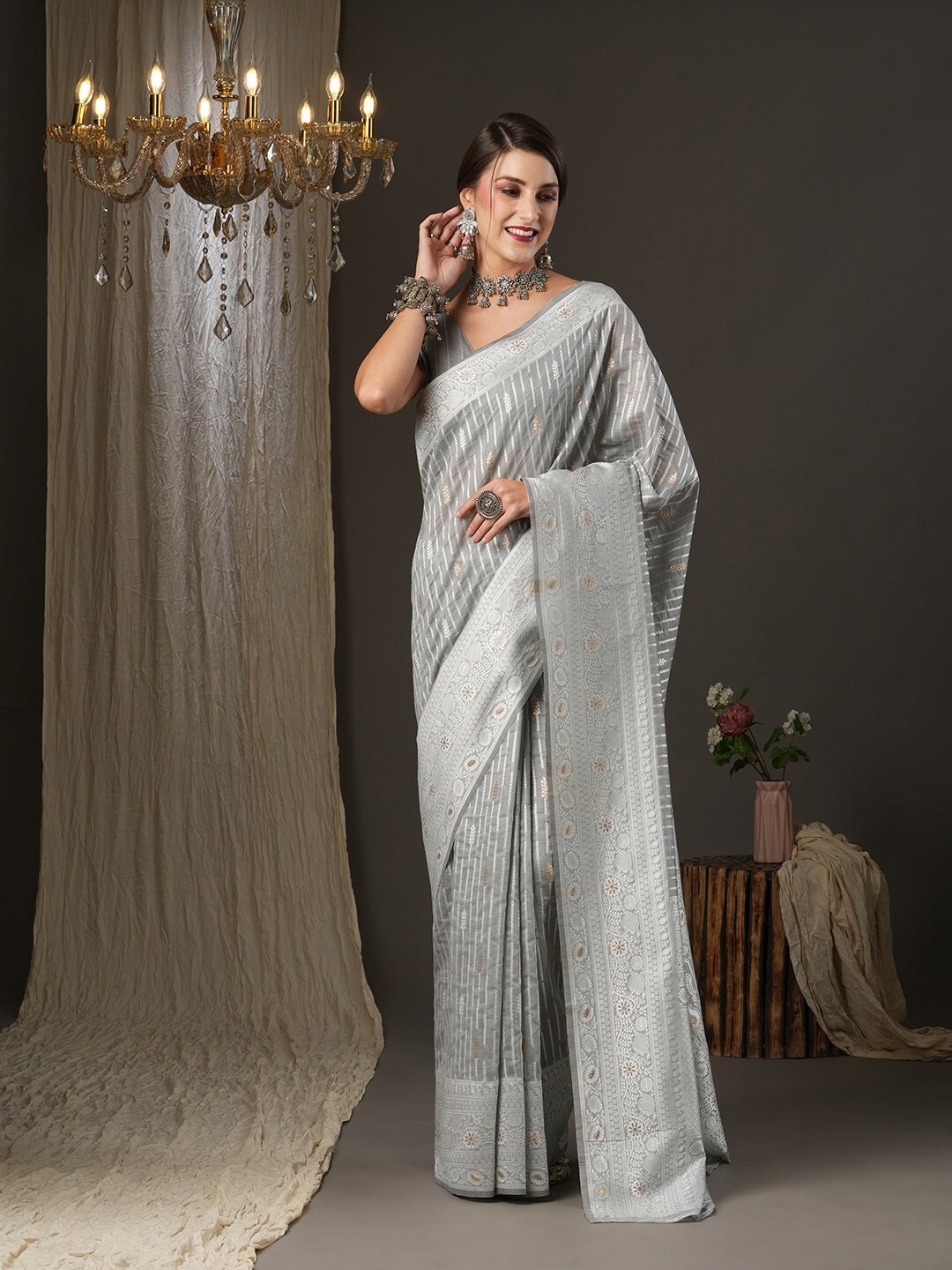 

Mitera Grey & Silver-Toned Ethnic Motifs Zari Silk Cotton Leheriya Saree