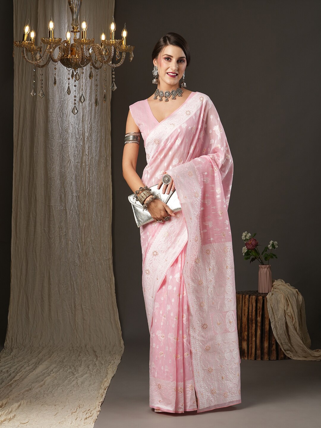

Mitera Pink & Silver-Toned Woven Design Zari Silk Cotton Muga Saree