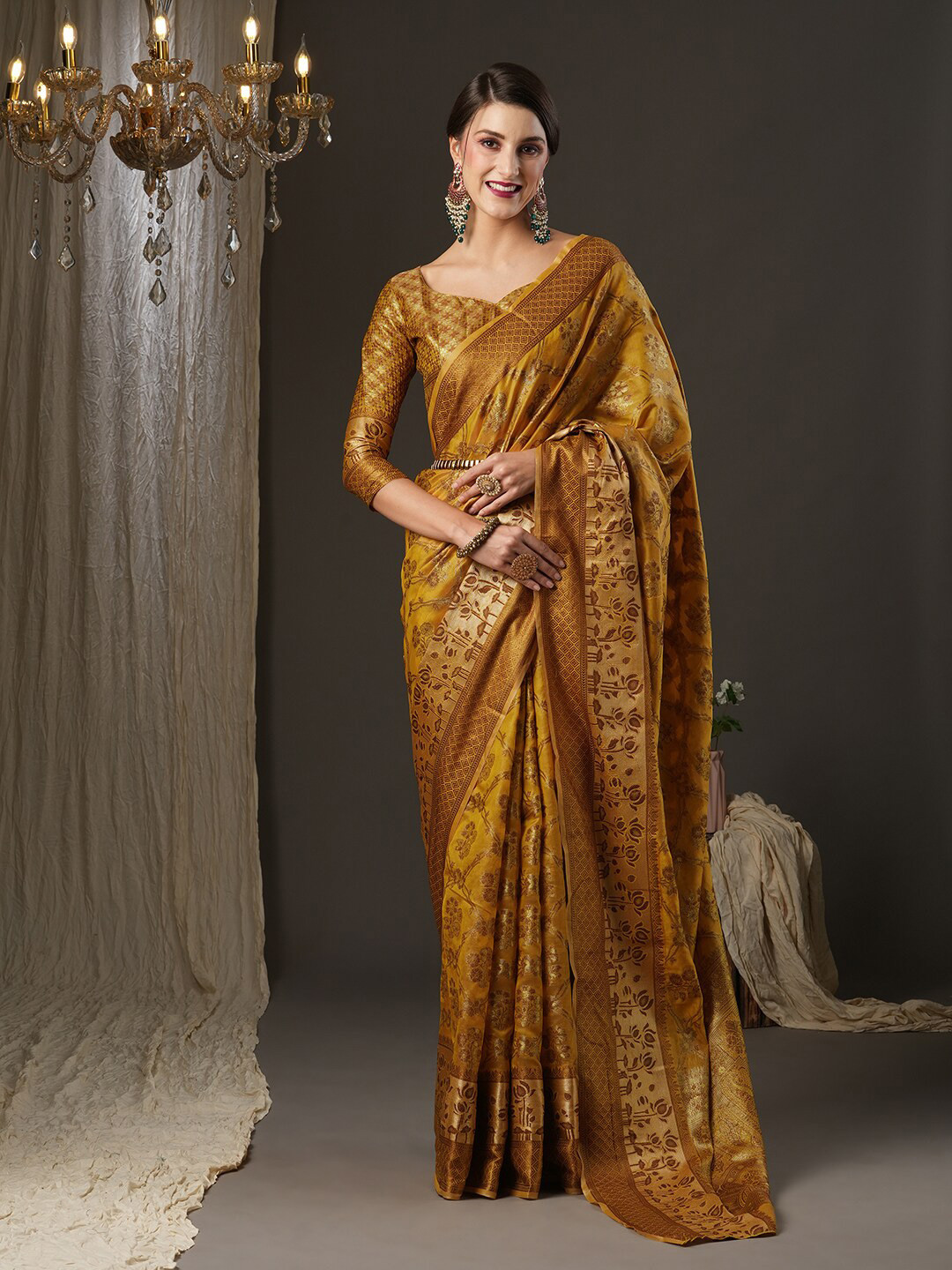 

Mitera Mustard & Gold-Toned Ethnic Motifs Zari Silk Blend Dharmavaram Saree