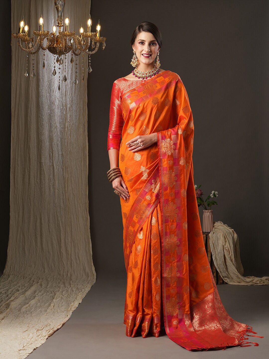 

Mitera Orange & Red Ethnic Motifs Zari Silk Blend Paithani Saree