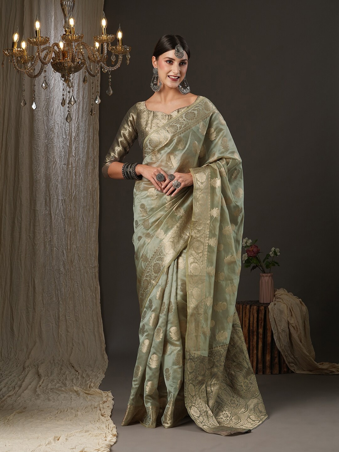 

Mitera Grey & Gold-Toned Ethnic Motifs Zari Organza Muga Saree