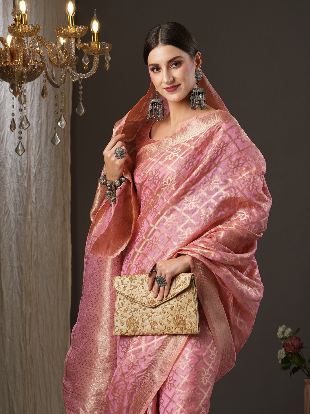 

Saree mall Pink & Gold-Toned Woven Design Zari Organza Banarasi Sarees