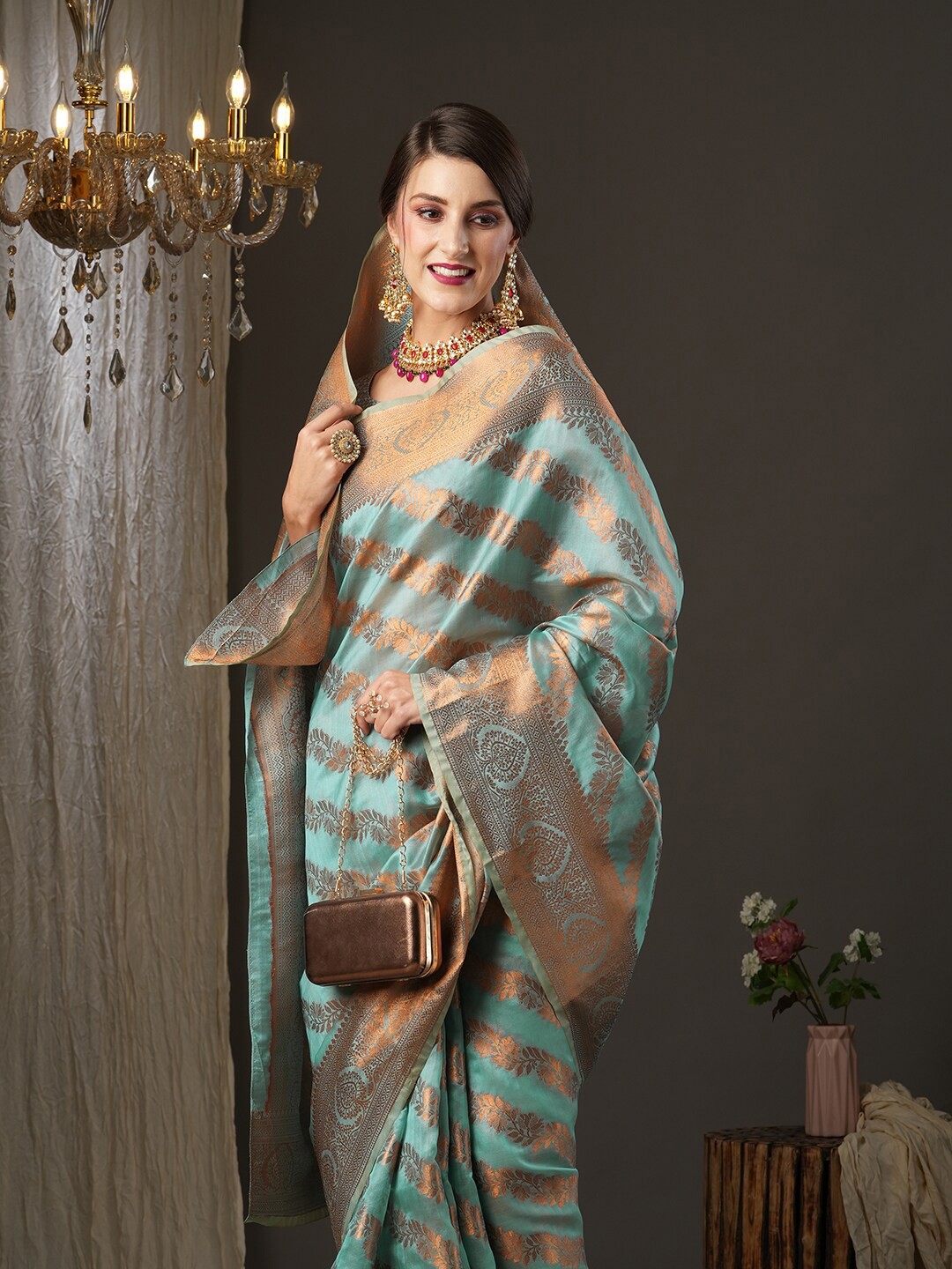

Saree mall Sea Green & Gold-Toned Woven Design Zari Silk Blend Banarasi Sarees