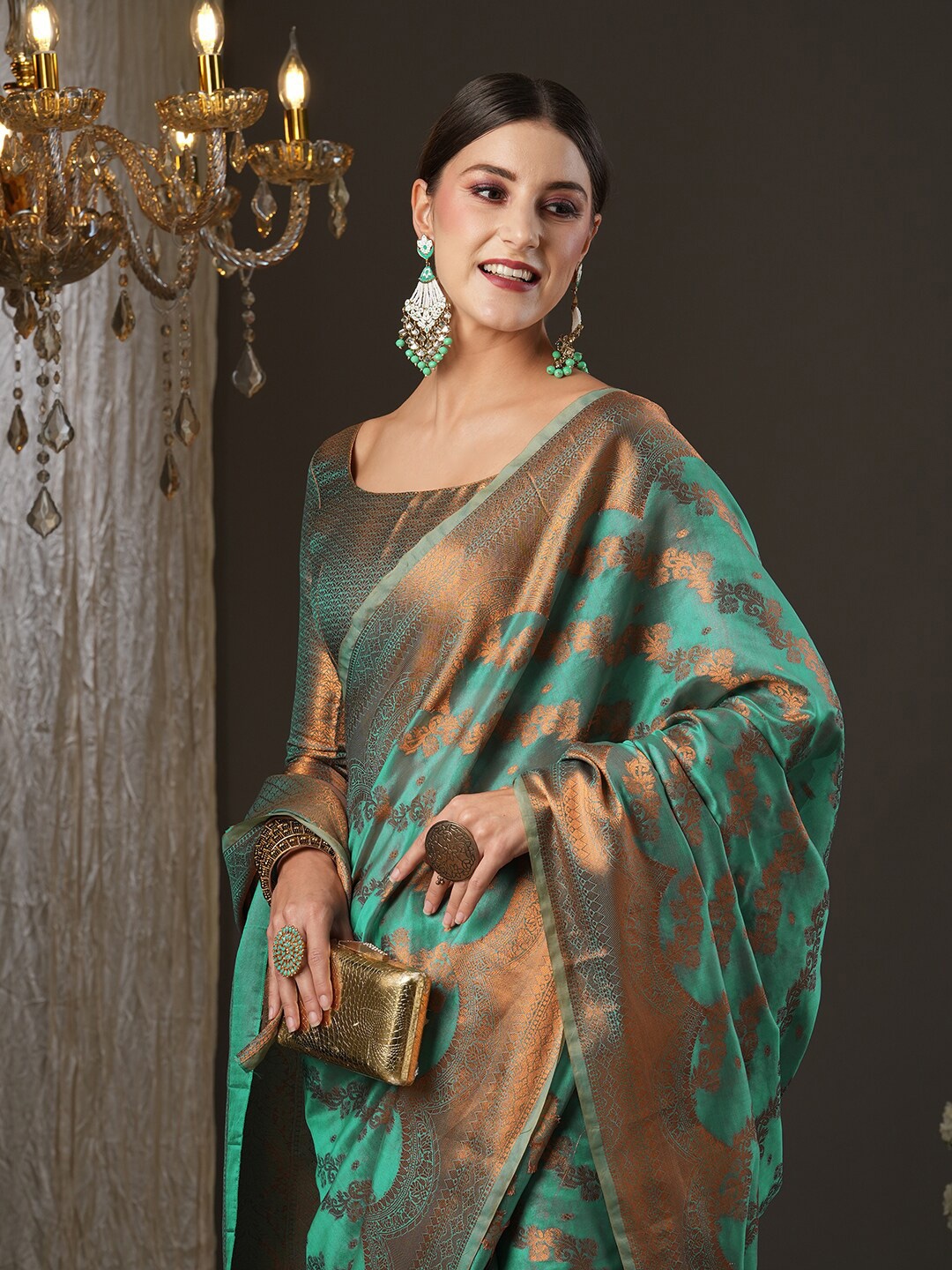 

Saree mall Teal & Copper-Toned Woven Design Zari Silk Blend Banarasi Sarees