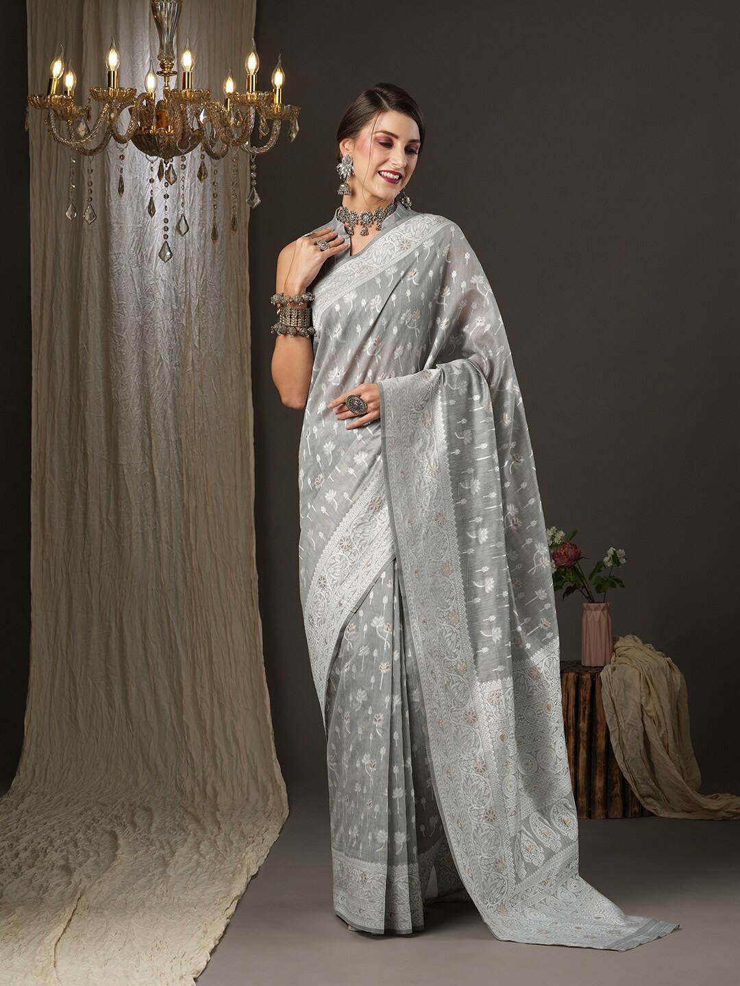 

Saree mall Grey & Silver-Toned Woven Design Zari Silk Cotton Muga Sarees