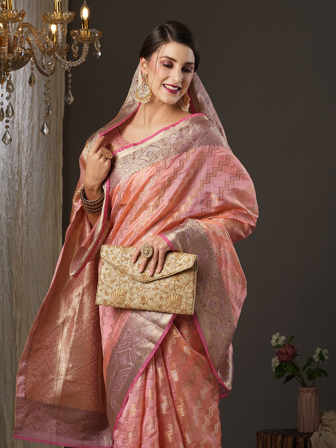 

Saree mall Pink & Gold-Toned Woven Design Zari Silk Blend Muga Sarees