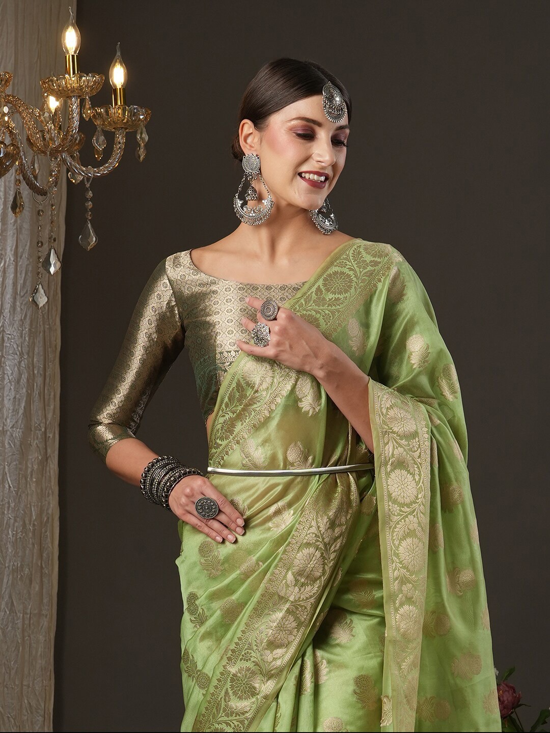 

Saree mall Green & Gold-Toned Woven Design Zari Organza Muga Sarees