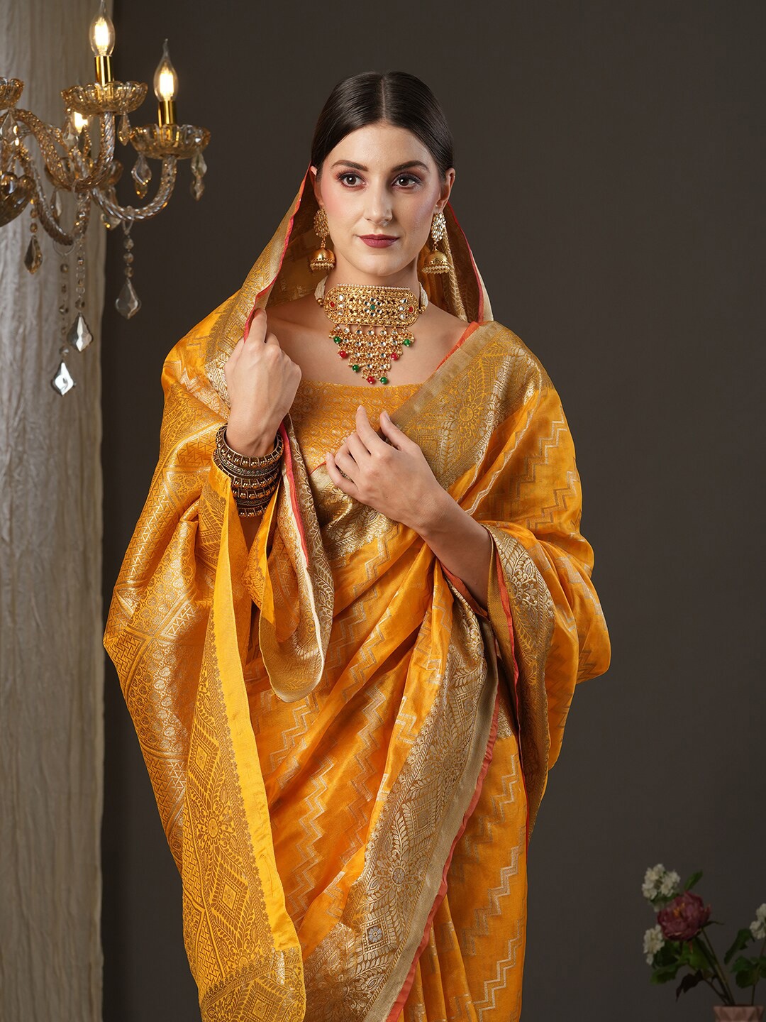 

Saree mall Yellow & Gold-Toned Woven Design Zari Silk Blend Muga Sarees