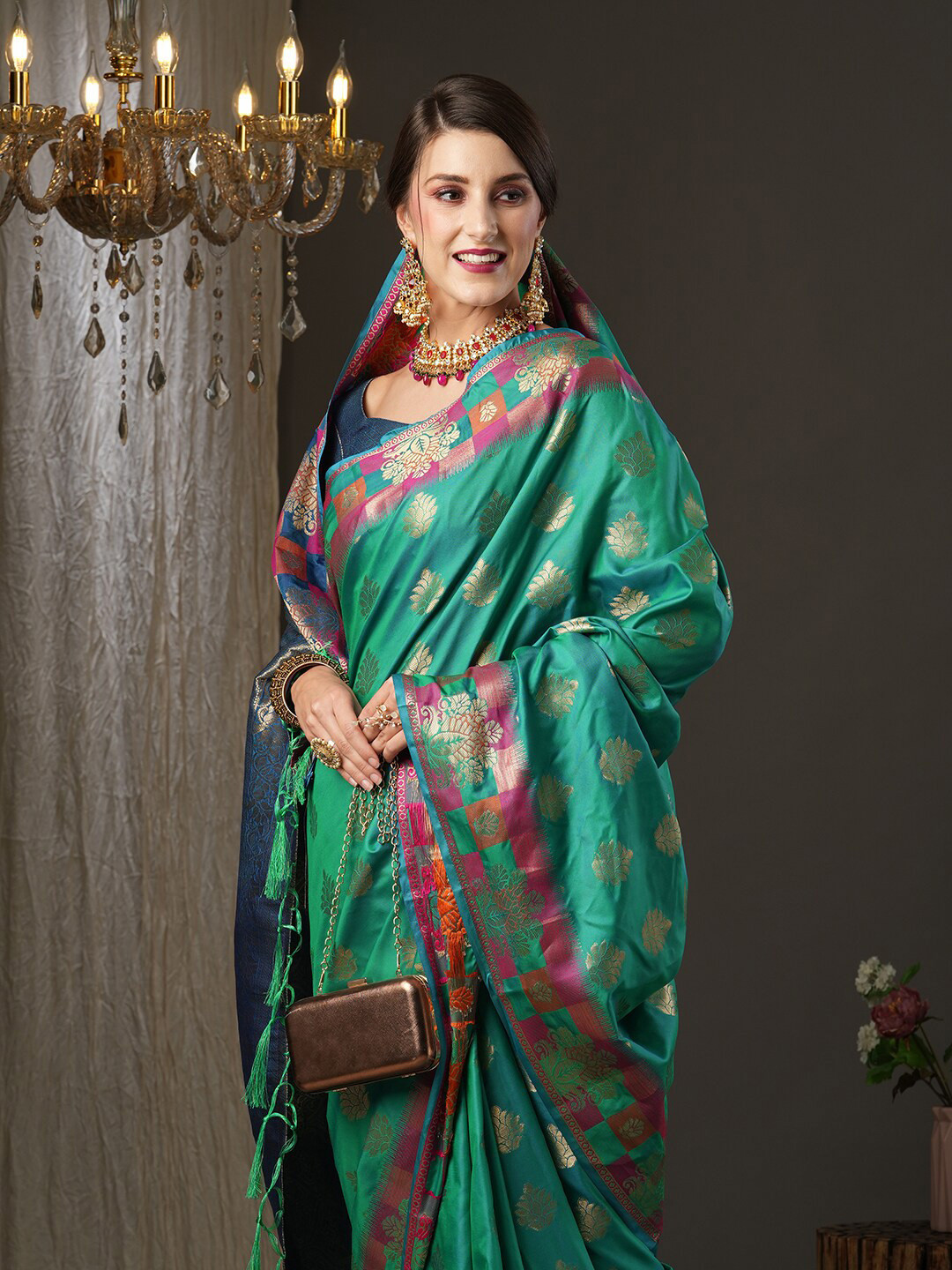 

Saree mall Teal & Green Woven Design Zari Silk Blend Paithani Sarees