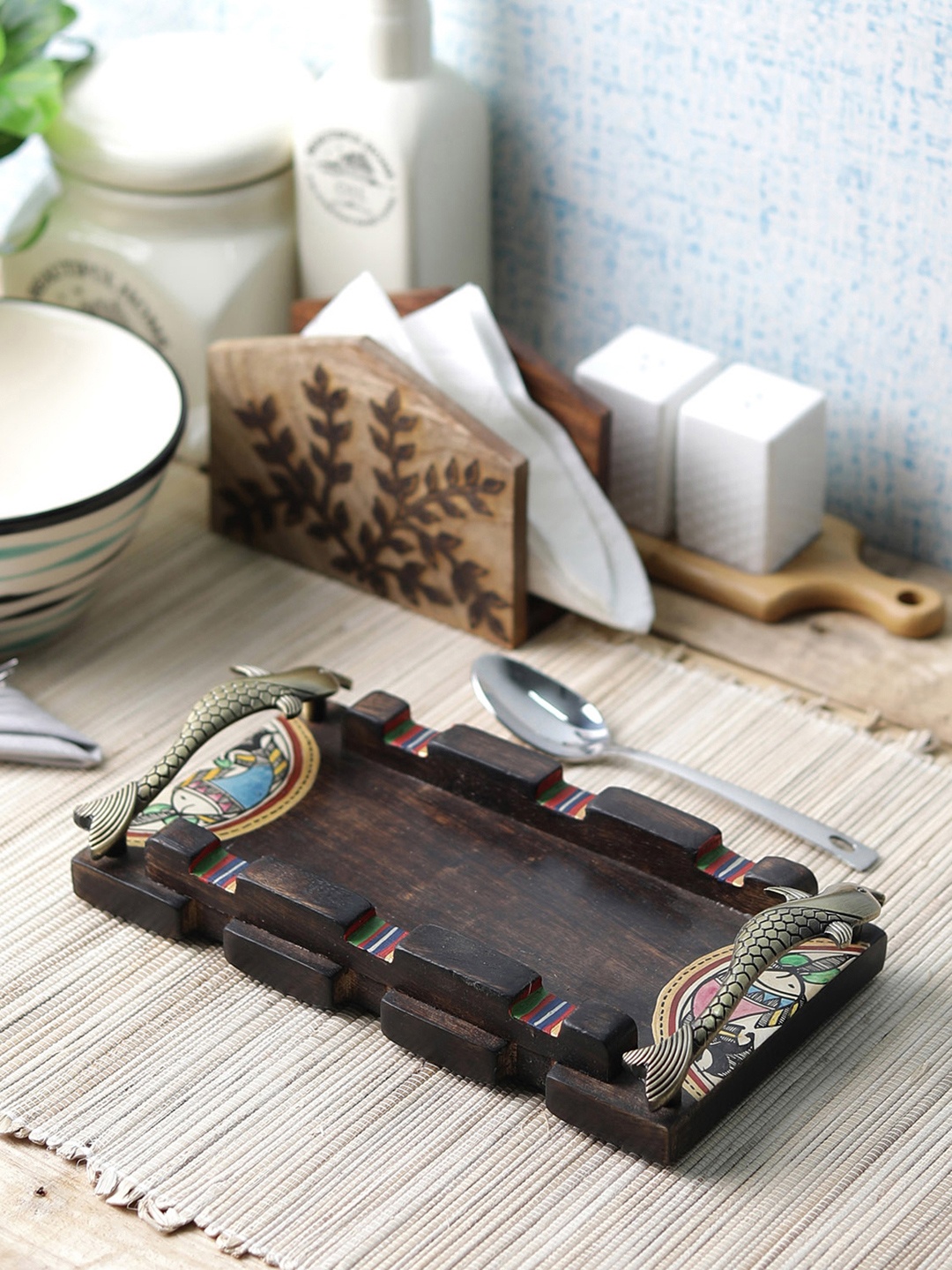 

VarEesha Brown Hand-Painted Madhubani Mango Wood Serving Tray With Brass Handles